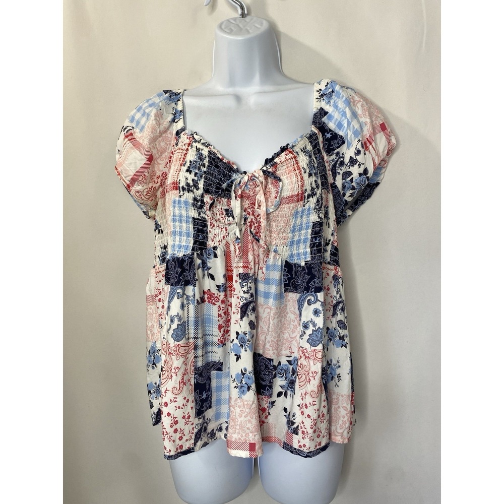 Cap Sleeve Babydoll Top Juniors Size XL Red Blue White Patchwork Bandanna Smock
